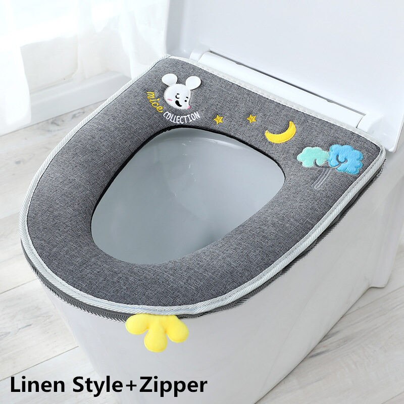 Home Four Seasons Toilet Cover Sitting Washer Washable Zipper Toilet Cover Universal Waterproof And Cute Toilet pad Plush/linen: Linen gray mouse