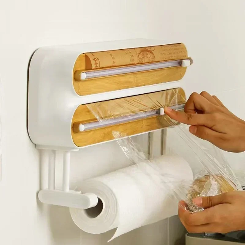Zauberstab Halterung Frischhaltefolie Halfter mit Cutter Lebensmittel strecken Film Halfter Rutsche Cutter Magnetische Kunststoff wickeln Spender Kasten Küche Werkzeuge: Licht Gelb