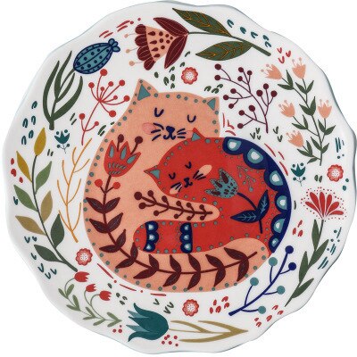 Colorful Cat Dinner Plate Under-glazed Ceramic Dinner Dishes Dessert Tray Flower Kitten Dinnerware Microwave Safe Dessert Plate: Ceramic plate 06