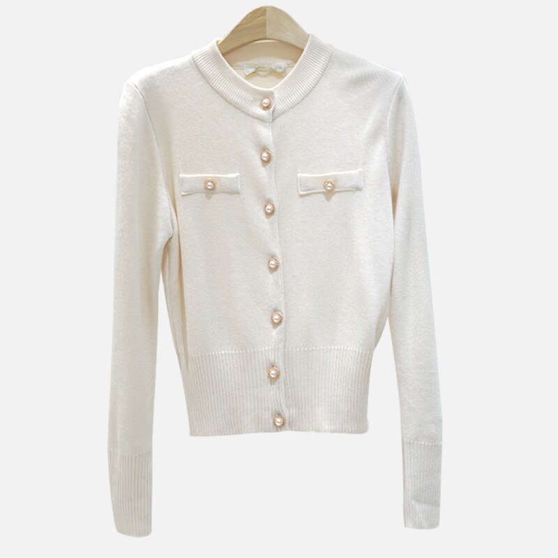Cárdigan corto de punto para mujer suéter coreano de manga larga de un solo pecho suéteres femenino otoño primavera Cardigans mujeres: Blanco