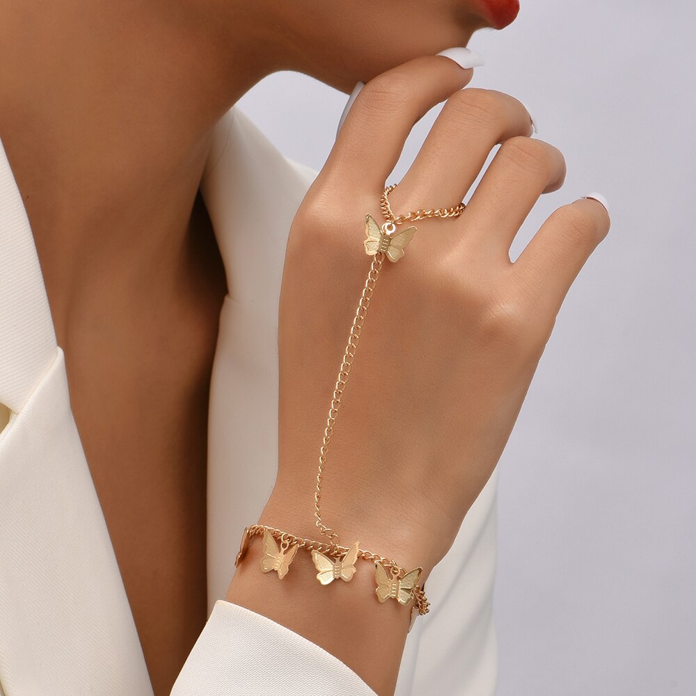 Neue Schmetterling Armreif Verbunden Anschluss Finger Ringe Hand Harness Armbänder für Frauen Charme Gold Kette Hand Schmuck