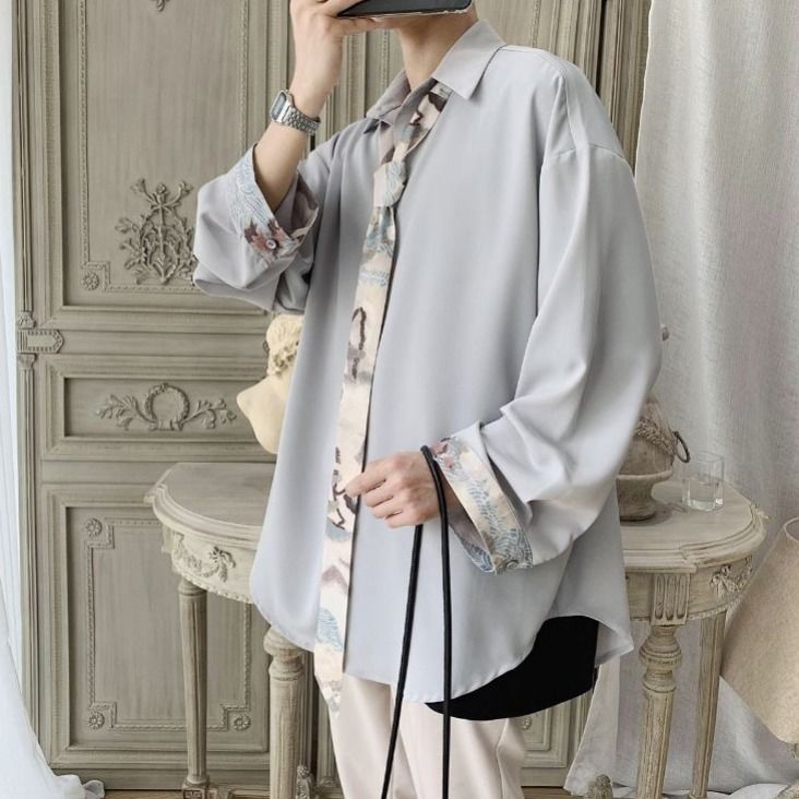 Herre skjorter patchwork solid forår koreansk stil chic fritid oversize herre outwear blødt langærmet all-match teenagere ins trendy bf: Gråt-ingen slips / Xxl