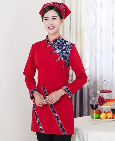 Featured Hotel Restaurant Farmhouse Waiter Uniforms Chinese Style Waitress Working Uniform Long Sleeve Overall Uniform: Red Women / L