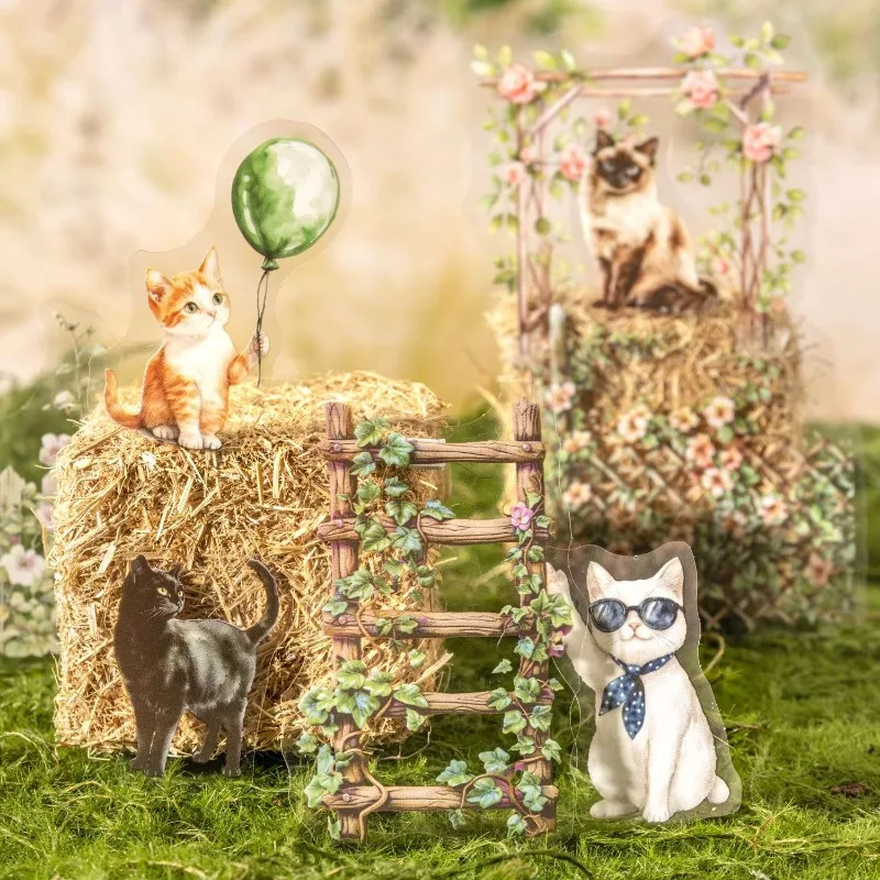 Paquet de 15 autocollants en PET chat violet dans l'arrière-cour, fournitures de clôture, aménagement paysager, clôture solaire chaude, papeterie Scrapbook 152x107mm