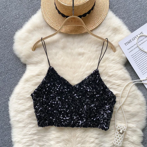 Kvinnor chic paljett linne smal grundläggande sexig koreansk ärmlös axelbandslösa toppar hösttopp: Svart