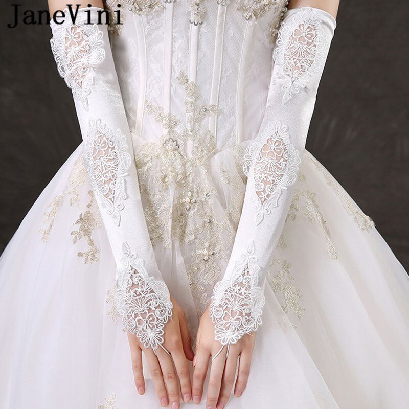 JaneVini Fingerless Long White Wedding Gloves for Bride Satin Lace Opera Length Bridal Gloves Women Party Hand Gloves
