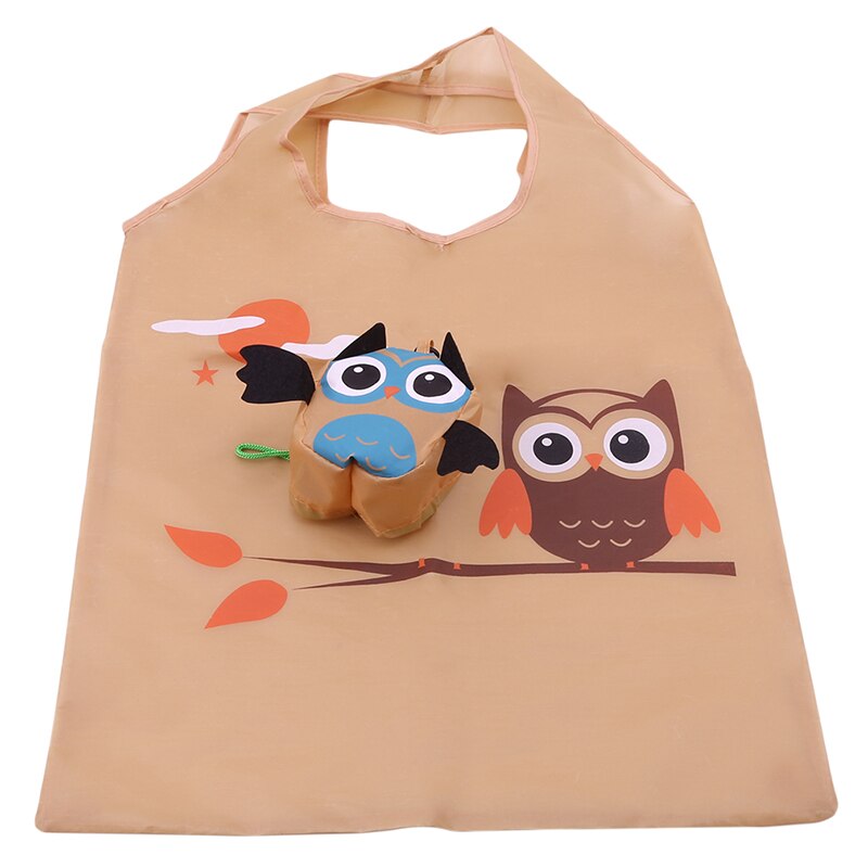 Cartoon boodschappentas schattige uil opvouwbare herbruikbare organizer voor buiten supermarkt boodschappen draagbare opbergtas met grote capaciteit: Beige