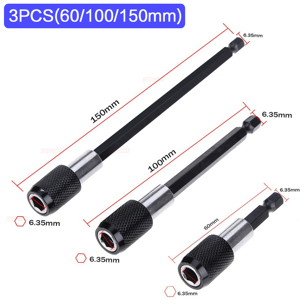 STONEGO 1PC/3PCS 1/4 Inch Quick Hex Shank Release Magnetic Electric Screwdriver Extension Bit Holder 60/100/150mm Extension Rod: GRAY