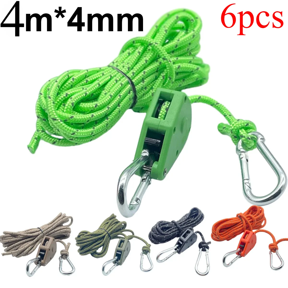 4M 6Pc Reflecterende Camping Tent Wind Touw Vastbinden Spanner Bevestiging Katrol Ratel Luifel Touw Gesp Touw tent Accessoire