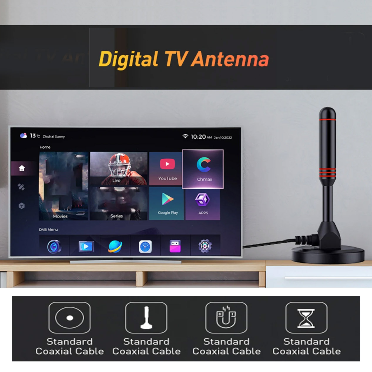 Antena de TV Digital HD para Interior, DAB Amplificado, Alto Ganho 200 Miles, Amplificador Booster, VHF, UHF, Resposta Rápida, Conjunto Aéreo ao Ar Livre