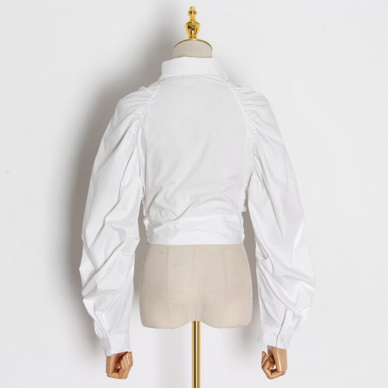 TWOTWINSTYLE-Blusa fruncida informal para mujer, blusa con cuello de solapa y manga larga, camisa corta calada, ropa para mujer
