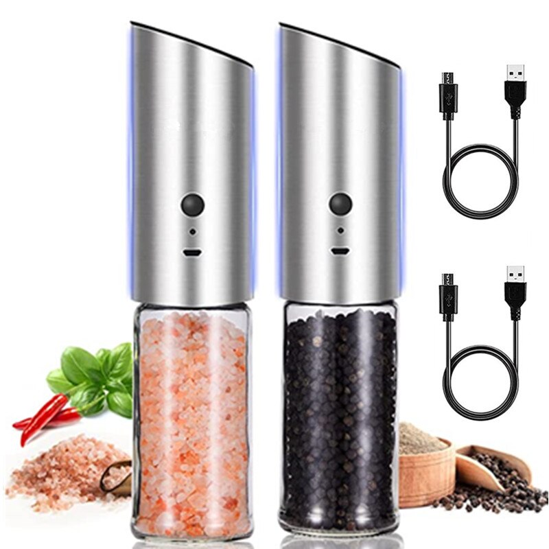 Verstelbare Maalgraad Elektrische Zout- En Pepermolenset – USB-oplaadbaar, – Met LED-licht Voor In De Keuken Peper En Zout Molen Elektrische