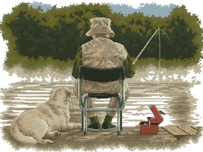 Top lovely counted cross stitch kit fishing, old man fishing with dog dimensions 03513