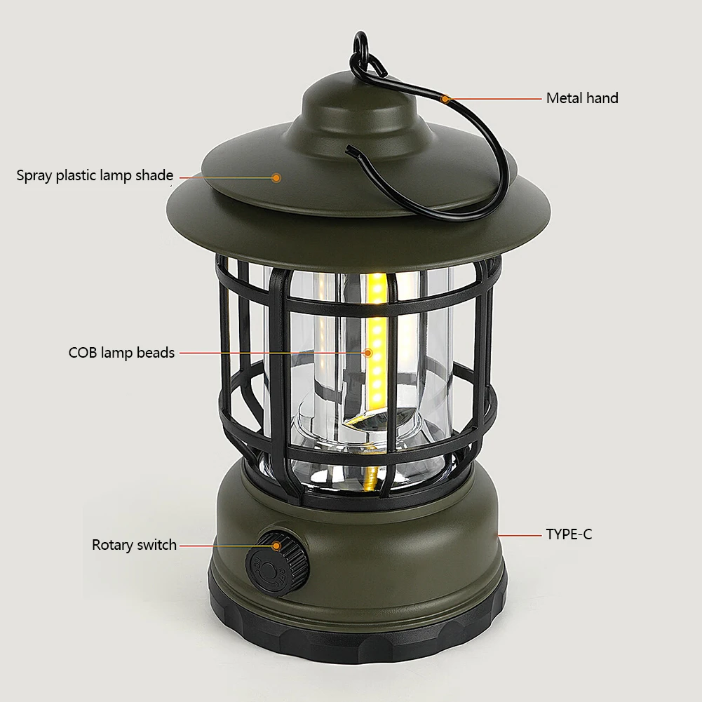 Retro Lamp Draagbare Camping Lantaarn USB Opladen Camping Tent Reislicht Vintage Buitenverlichting Kampeeruitrusting Zaklamp