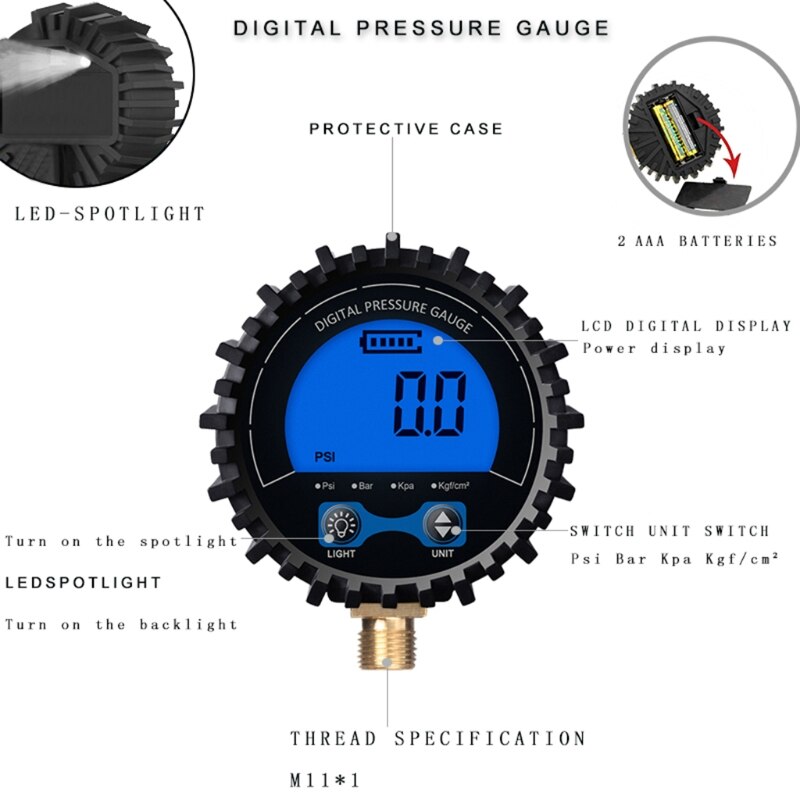 Dial Size Digital Air Pressure Gauge Battery Powered with LED Light 0-200psi Accuracy 1% Guage Meter