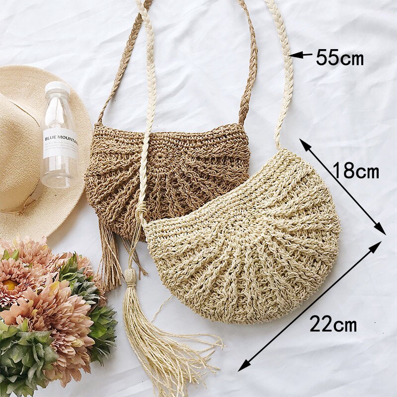 Women small Semicircle Tassel Knitting Straw bag Summer Travel Rattan Tote Knitted Hand Bag Girls Shoulder Tote Keys Coin bag