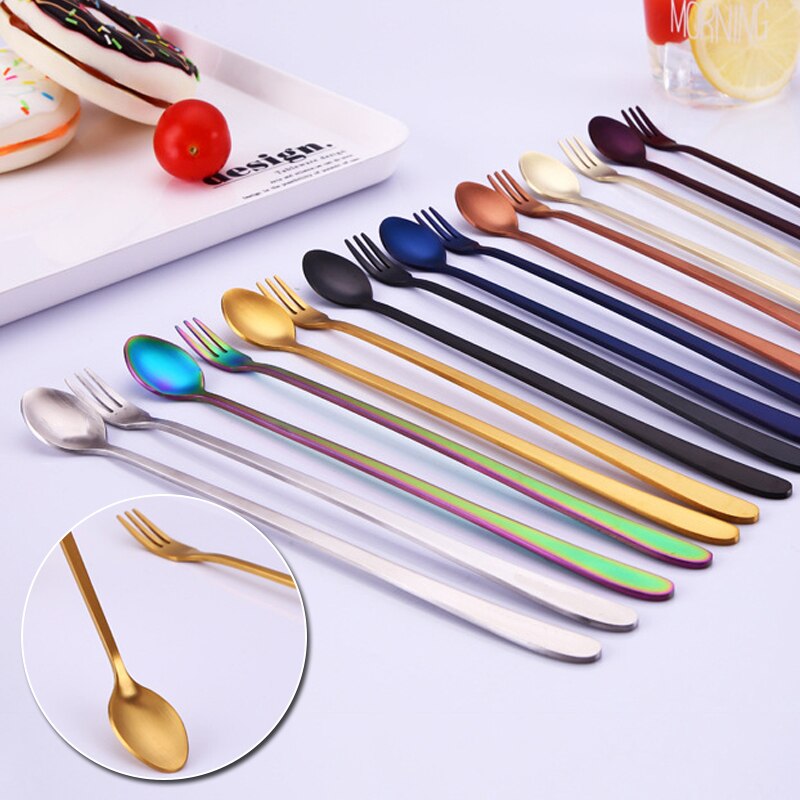 Colore arcobaleno caffè tè mescolare cucchiaio manico lungo gelato cucchiai da Dessert articoli per la tavola ecologici in acciaio inossidabile