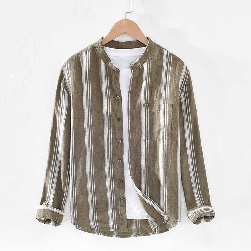 Retro overhemd voor heren zuiver linnen ademend gestreept mandarijnkraag casual gml 03-1937: Koffie / M