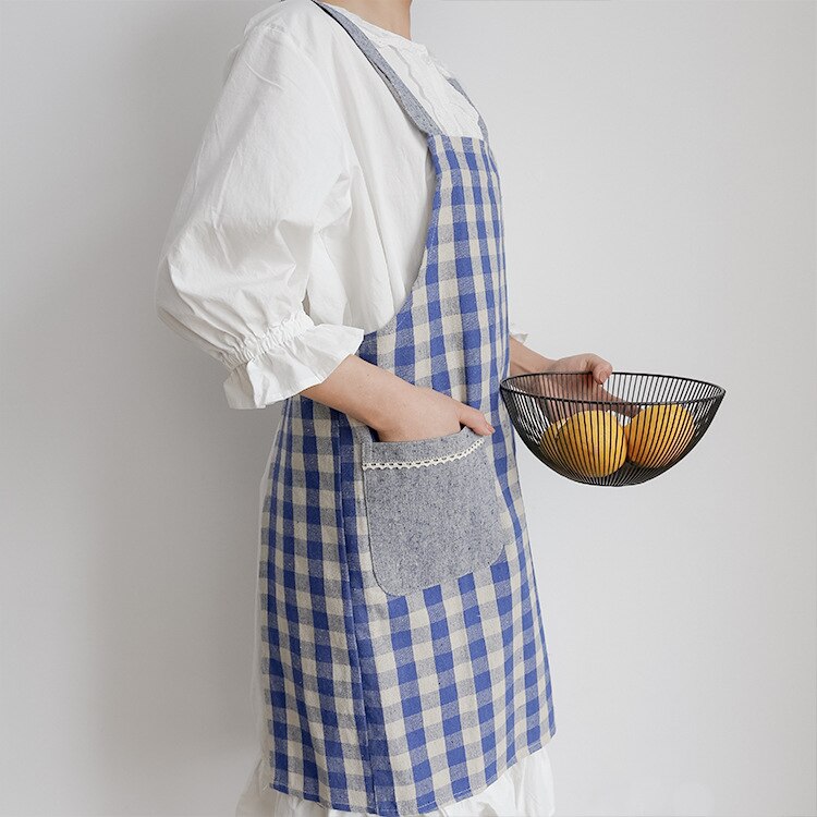 Japanse Stijl Katoen En Linnen Band Denim Rooster Geometrische Patroon Mouwloze Schort Volwassen Keuken Hand-Vegen Pocket Plaid