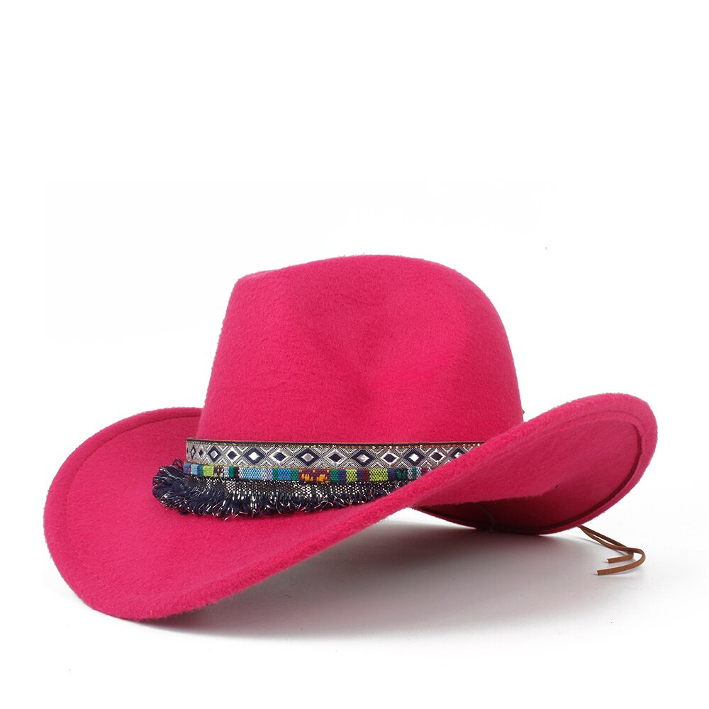 Kvinder uld hul western cowboyhat roll-up skygge dame outblack sombrero hombre jazz kasket størrelse 56-58: Rosenrød