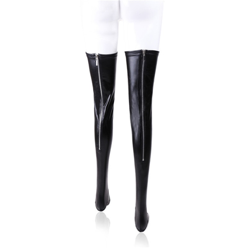 Vrouwen sexy latex rits kousen dame zwart PVC paaldans leer erotische clubwear lengte over de knie hoge kousen