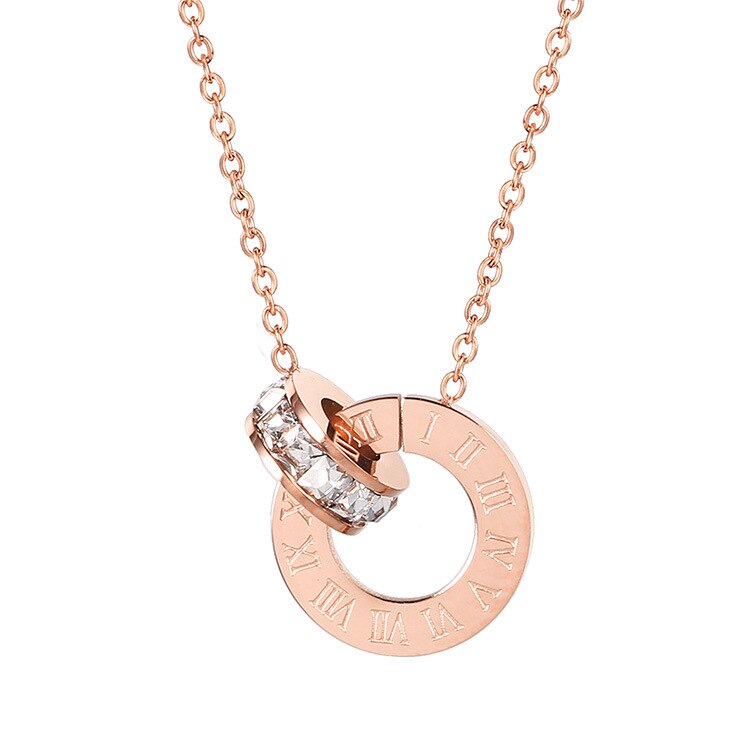 Estilo coreano jane sobre 18k ouro rosa titânio aço ornamento numerais romanos anel circular diamante conjunto colar feminino accessor: Rose Gold White Crystal