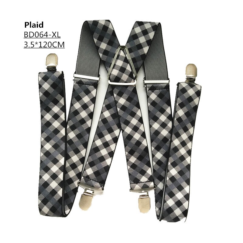 Solid Color Unisex Adult Suspenders Men XXL Large Size 3.5 cm Wide Adjustable Elastic 4 Clips X Back Women Trousers Braces Party: Plaid -120cm