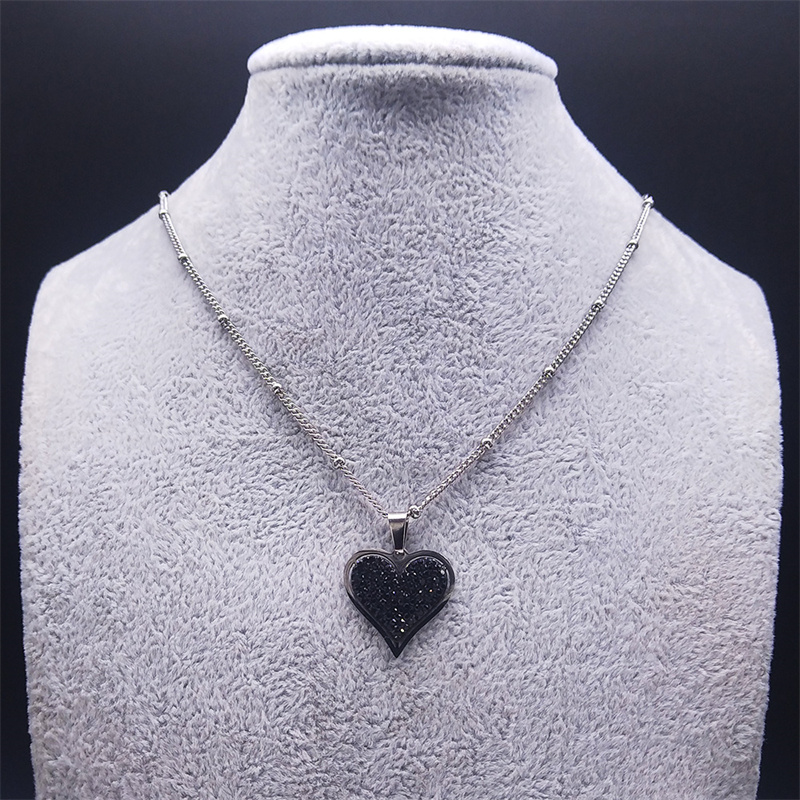 Stainless steel black crystal heart necklace charm women silver color small pendant necklace jewelry acero inoxidable  n8047 s 01