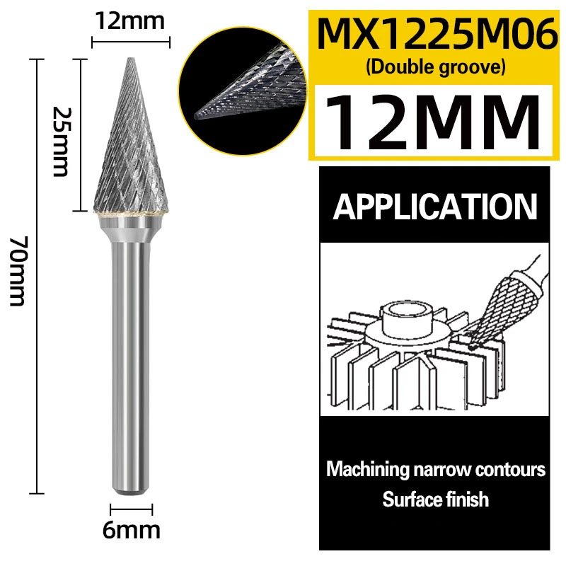 Slibehoved i wolframstål med roterende fil i hårdmetal, konisk fræser, metalslibning, gravering, enkelt og dobbelt spor, m-type: 32mm