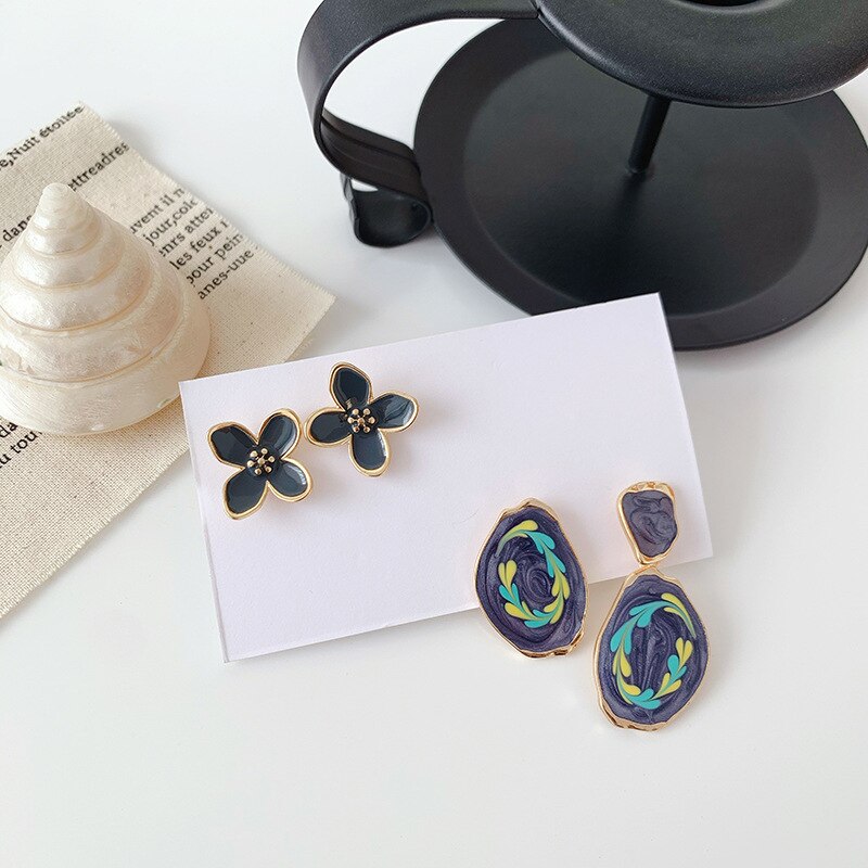Koreańnarty asymetryczne geometryczne kwiat nausznice bez przekłuwania uszu delikatne błyszczący kwiatek obraz olejny okrągła tarcza klipsy robić uszu