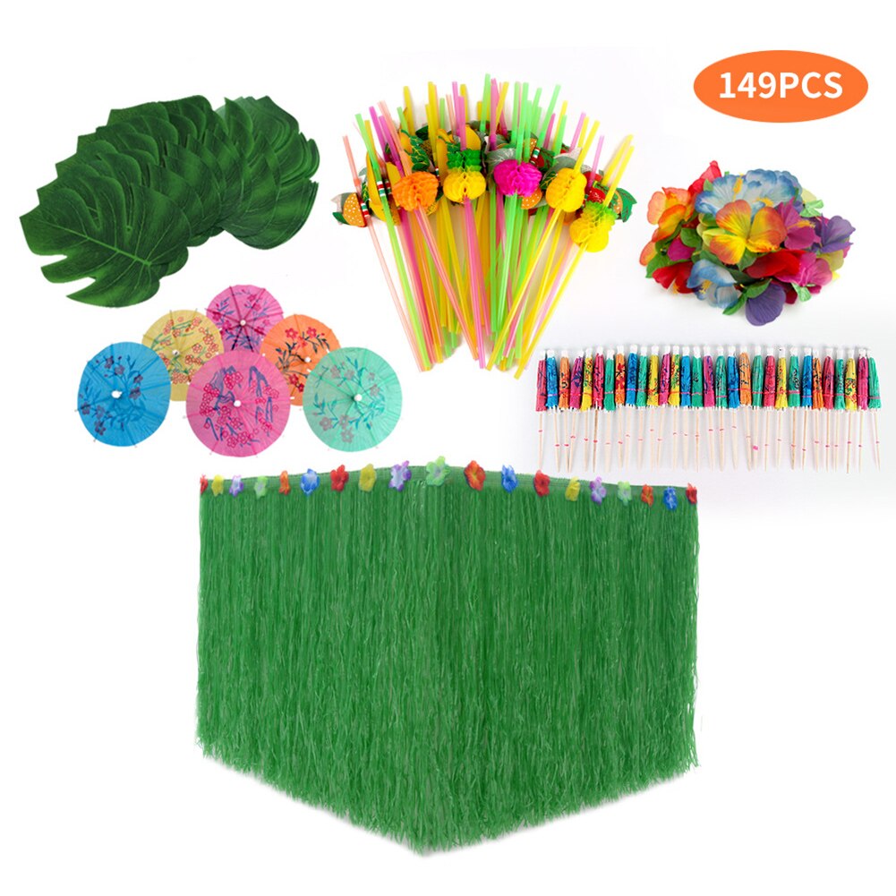 109/149pcs Table Skirt Raffia Style Fringe Party Decoration Kit for Tiki Tropical Hawaii or Moana Themed Birthday JS22: Green 149pcs