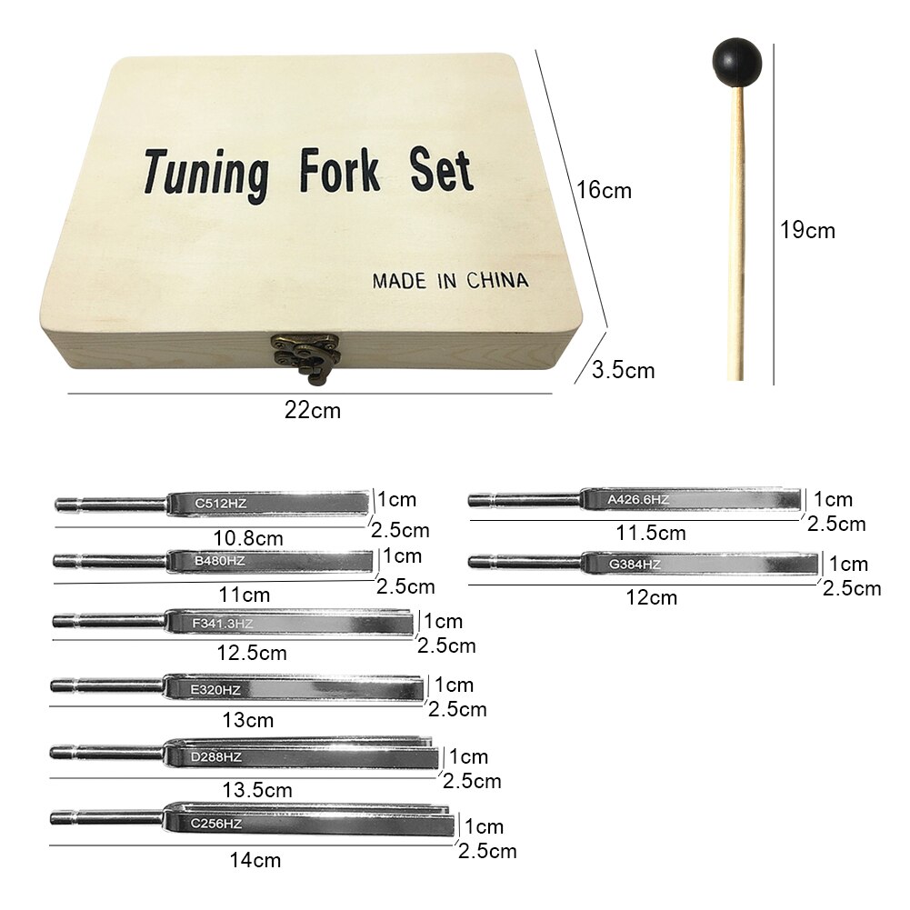 8pcs 256-512HZ Wooden Box Hearing Testing Portable Sound Therapy Mallet Tuning Fork Set Frequency Physics Vibration Steel