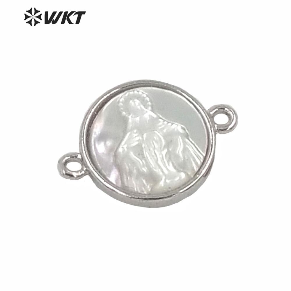 MP170 Religieuze Gold Metal Bezel Hanger Wit Shell Tiny Charm Jezus Connector Hanger Dubbele Haken Vrouwen Sieraden Shell
