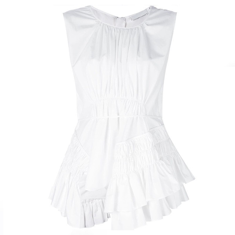 TWOTWINSTYLE sin mangas, informal, de color sólido de las mujeres O cuello Irregular camisa fruncida mujer Verano de de de ropa nueva: white / L