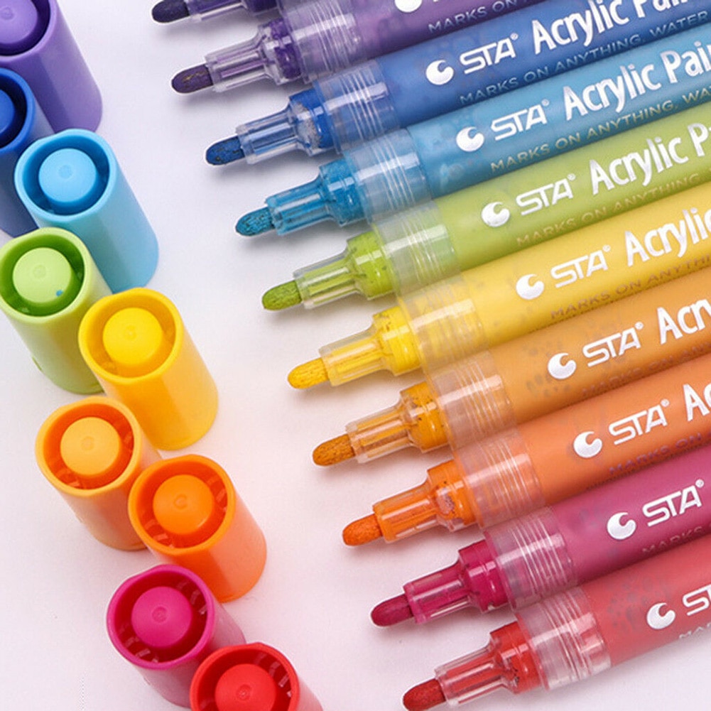12Pcs Waterproof Acrylic Markers Highlighter Painting Marker Drawing Writing Pen