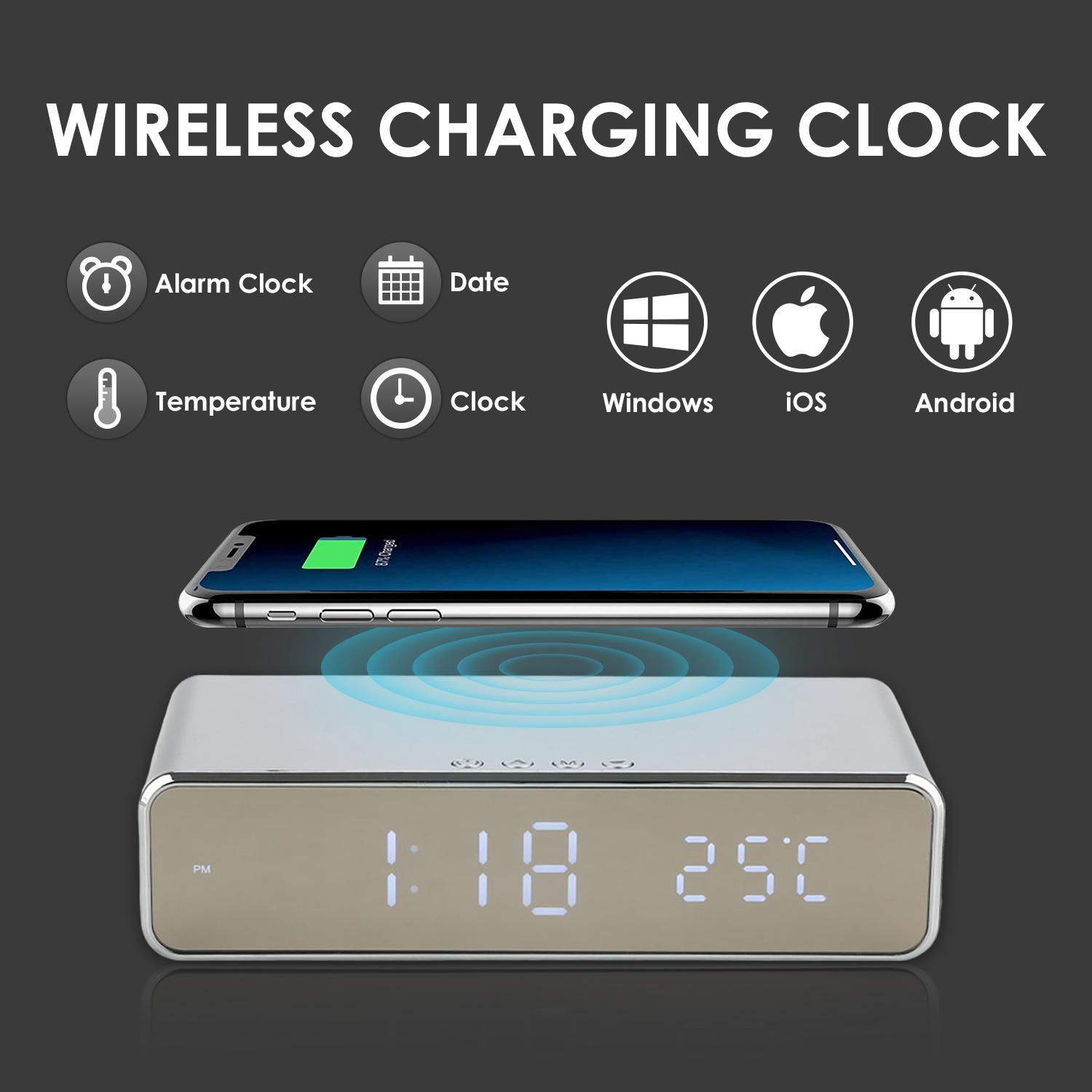 Electronic LED Digital Alarm Clock with Phone Wireless Charging Dock Charger Desktop Date Temperature for Home Decor Office