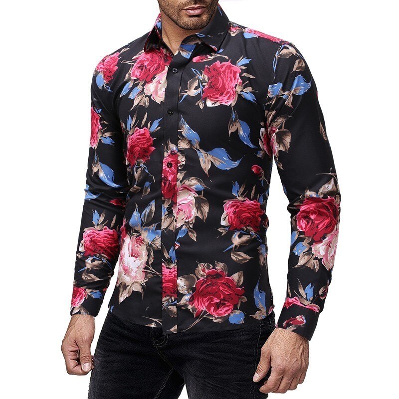 hommes automne casual imprimé chemise homme à manches longues Floral imprimé chemise Slim Fit fleur chemise hauts M-3XL: 2 / XXXL