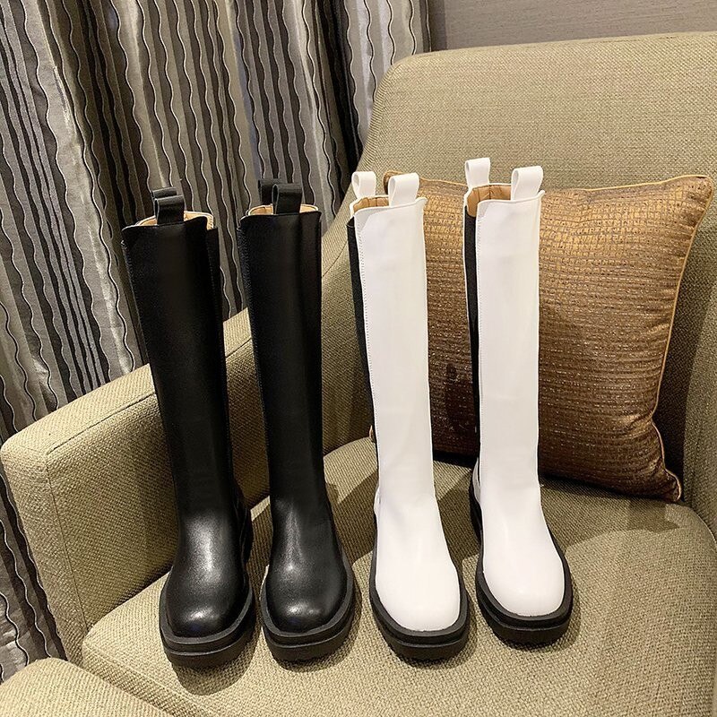 Pu läder plattform knähöga stövlar kvinnor svarta chunky långa chelsea boots kvinna slip on höst bota feminina