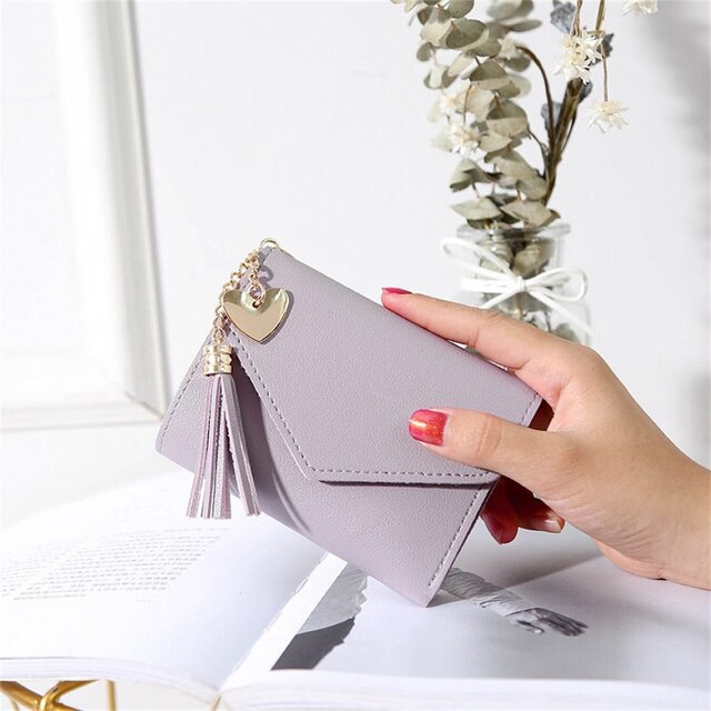 Spring and Summer Short Hand-held Trend Heart-shaped Pendant Simple Multi-functional Lychee Pattern Women&#39;s Wallet: Purple