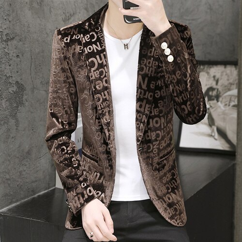 Złoty aksamit męskie nadrukowane litery marynarka Business Casual marynarka Slim garnitur kurtki luksusowe klub DJ ubrania sceniczne Terno Masculino: Dark Brown / M