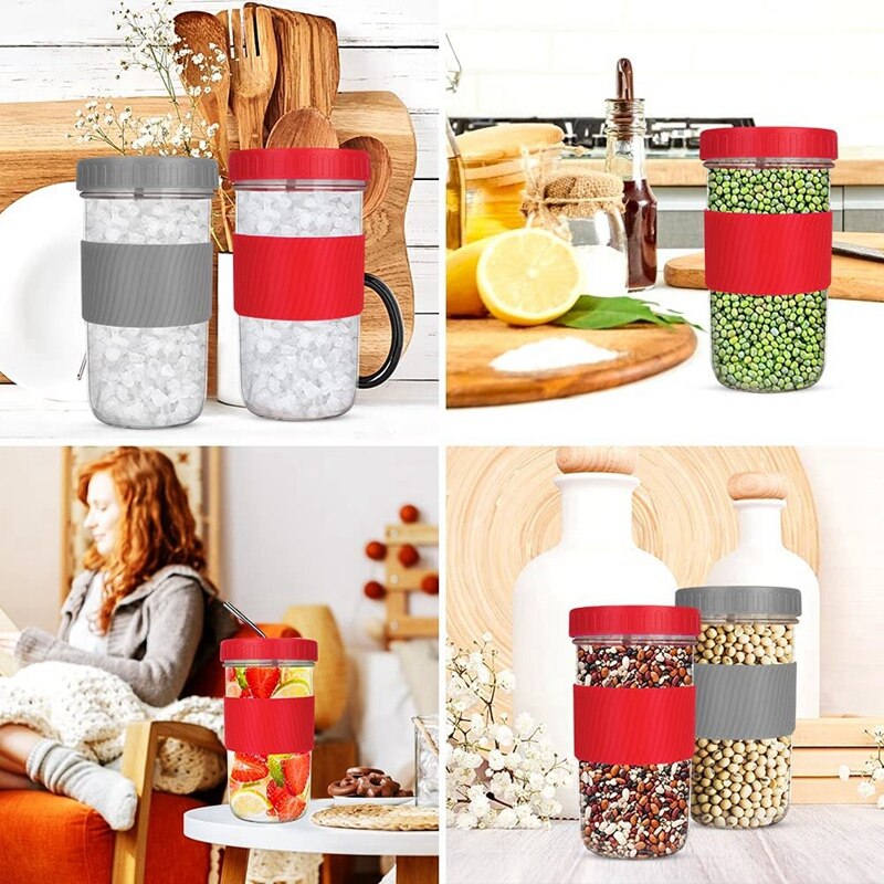 22Oz Reusable Boba Cup Mason Jar Cups with Lids and Straws Smoothie Cup Wide Mouth Bubble Tea Cup Travel Mug
