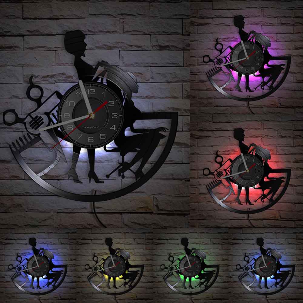 Beauty Salon Wall Clock Made Of Real Vinyl Record Hairdressing Tools Lady Haircut Center LED Wall Watch For Hair Salon Company: With LED
