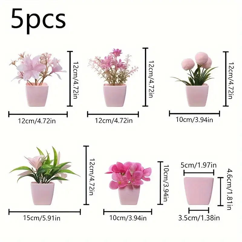 5 plantas suculentas artificiais em vaso rosa - estilo bonsai em miniatura, folhas brancas e verdes, perfeitas para decoração de casa e escritório, Nordi