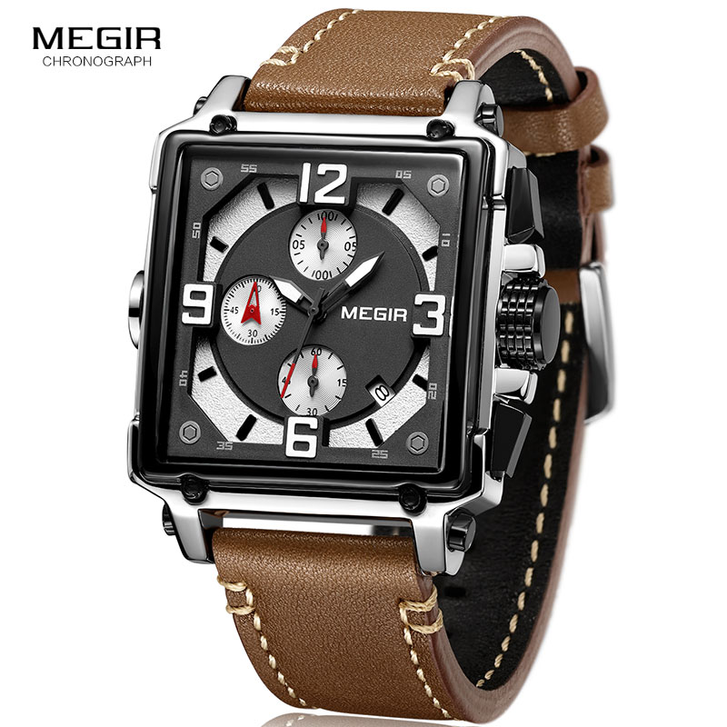 Megir herre firkantede quartz armbåndsur ur militær sports casual kronograf stopur læder relogios maskuline 2061 brun