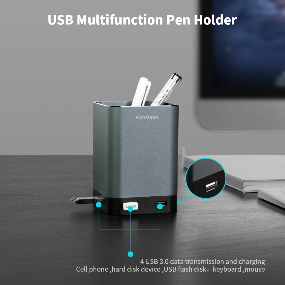 Aluminum USB Pen Pencil Holder with 4 USB 2.0 Ports Durable and Sturdy for Office and Home