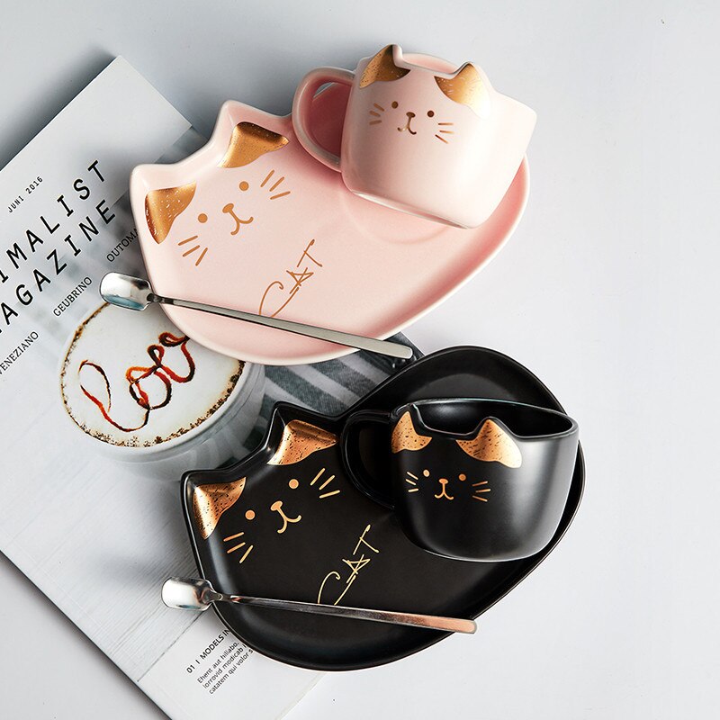 Ceramic Cute Cartoon Cat Coffee Mug Set Animal Breakfast Milk Tea Cup With Dessert Tray Office Drinkware Novelty