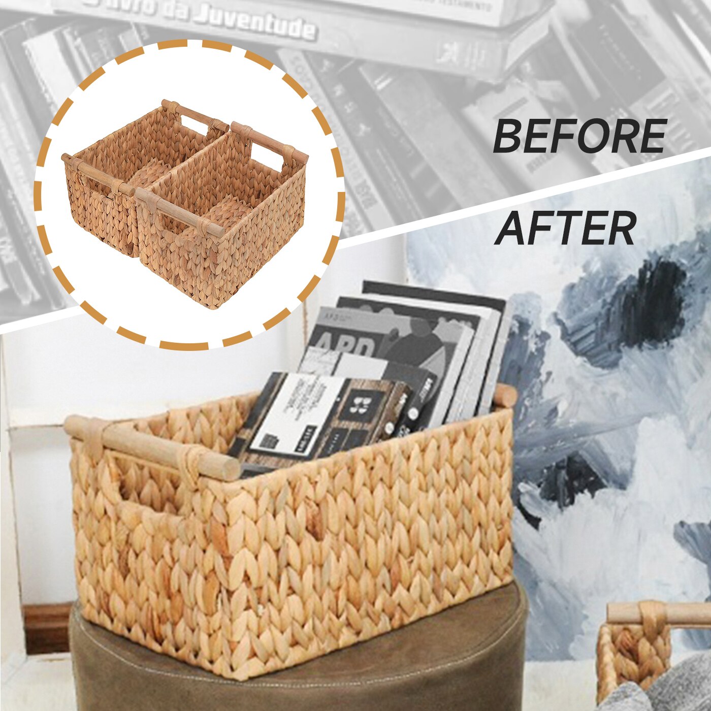 Bathroom Accessories Organizer Storage Baskets Water Hyacinth Cosmetic Makeup Wicker Wooden Handles Hand-Woven Kitchen Organizer