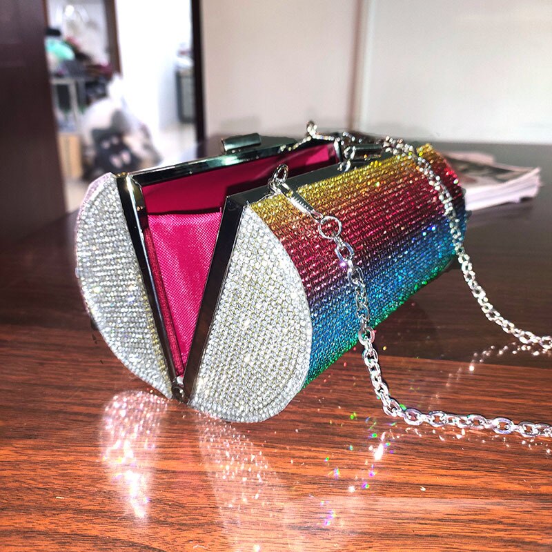 Luxury Diamonds Evening Clutch Bag Rainbow Women Shoulder Crossbody Bags Rhinestone Chains Clip Lady Party Small Purses