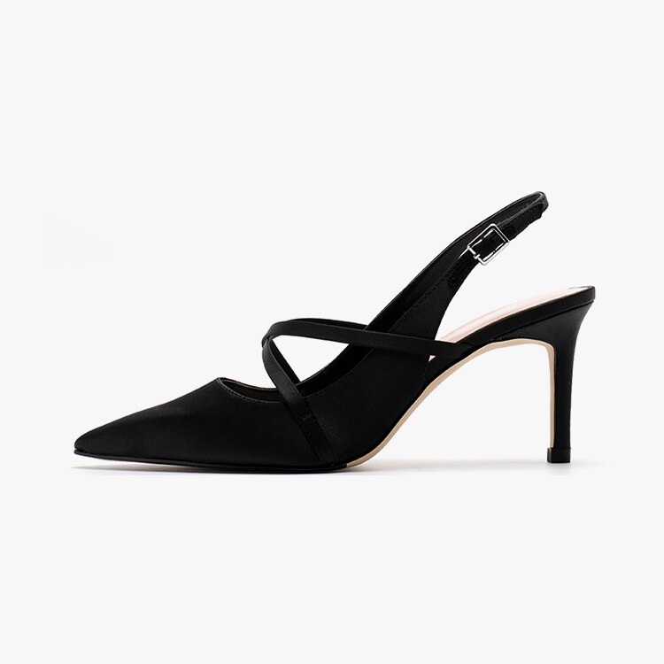 Smarte krydsstrop slingbacks kvinder sandaler killing hæl sommer kjole sko spænde rem spidse tå slangeskind sandaler kvinder: Sorte kvinders sandaler / 4