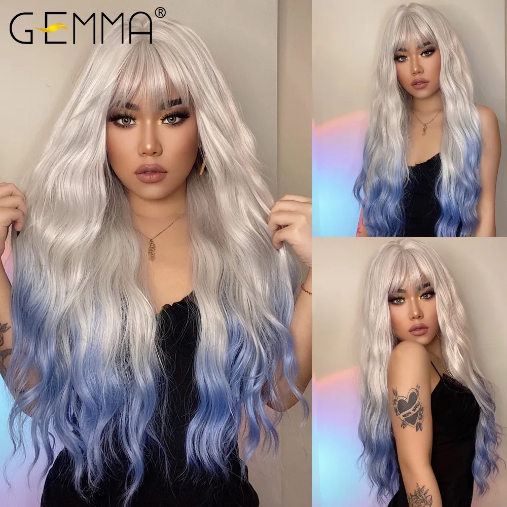GEMMA Dark Brown Long Curly Synthetic Wig Deep Wave Cosplay Hair Wigs with Wavy Bangs for Women Daily Party Heat Resistant Fibre: P1B/30